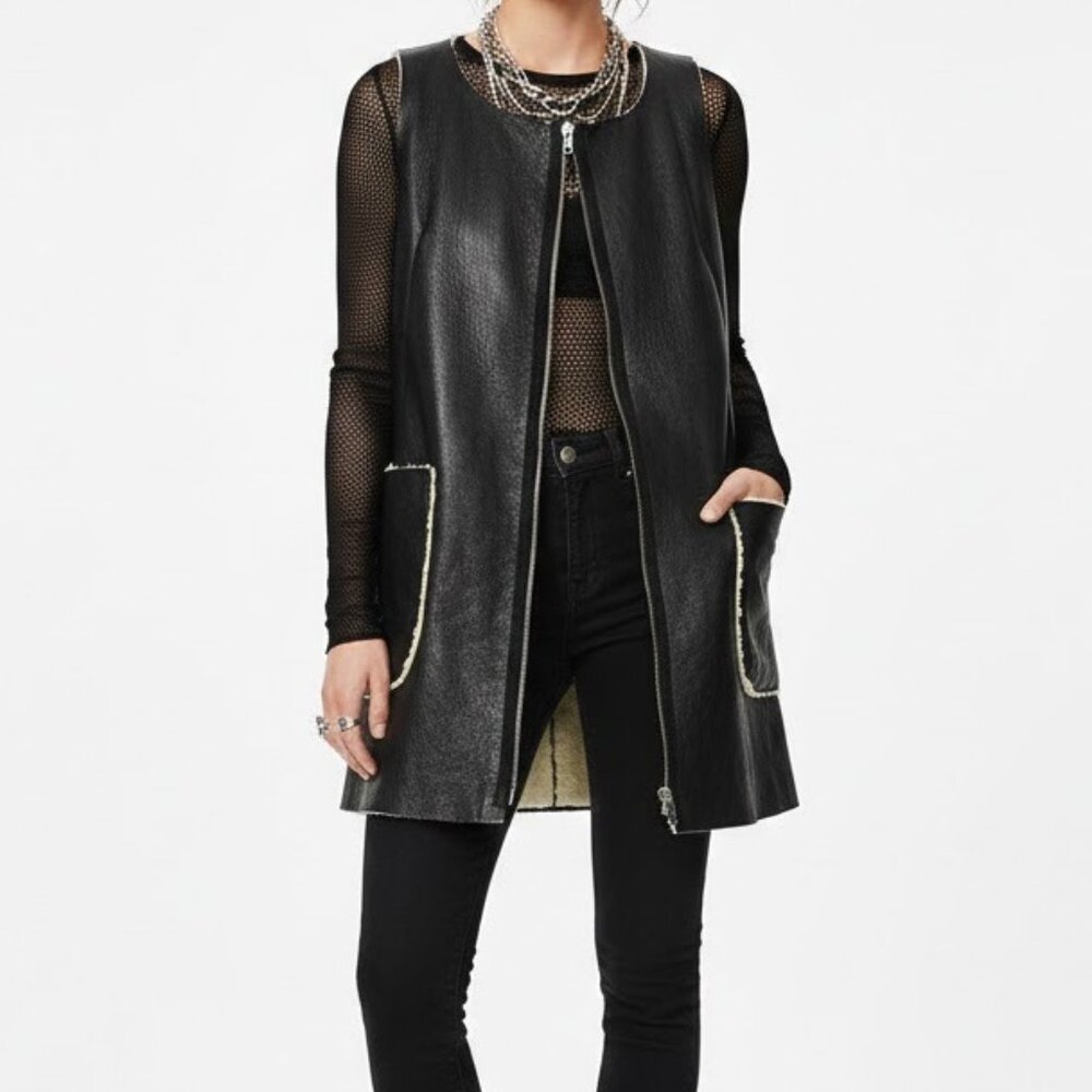 Hache Italian Leather Shearling Long Vest Black IT 40